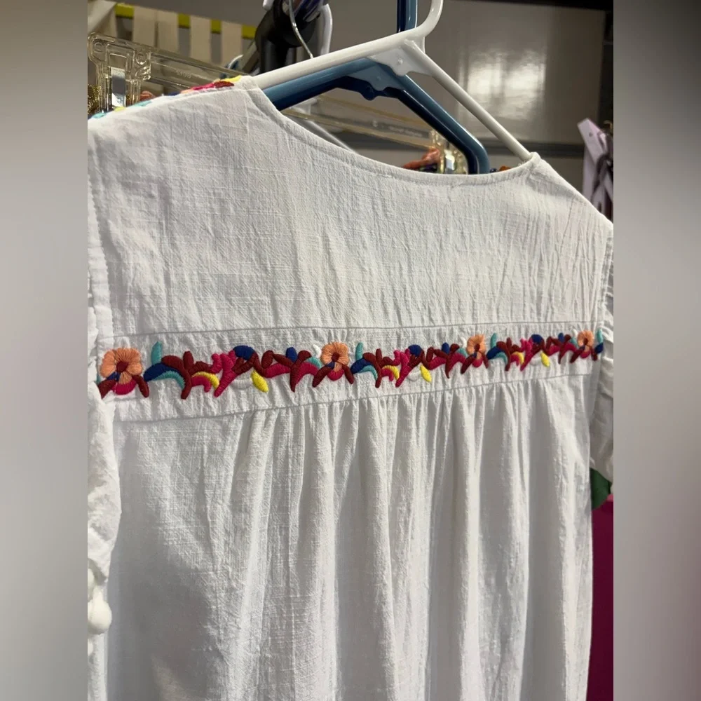 Kirundo White Embroidered Smock Midi Dress Pom Pom sleeves Size Medium - Picture 7 of 11